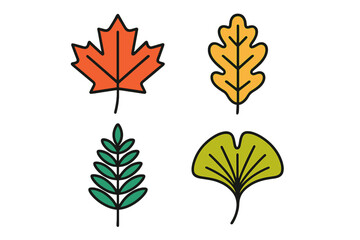 Stylized set of autumn foliage shapes including maple, oak, ginkgo, and compound leaves