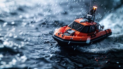 Obraz premium Vivid depiction of a rescue boat navigating turbulent waters during heavy rainfall
