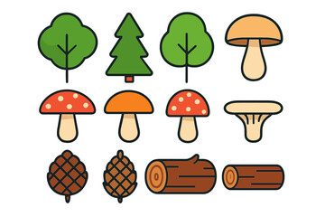 Stylized collection of forest nature elements: deciduous and evergreen trees, mushrooms, and logs