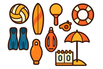Summer beach and water sports equipment set featuring surfboard, volleyball, life preserver, and umbrella
