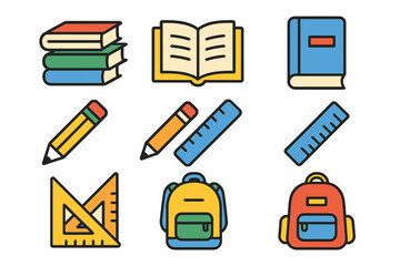 Colorful collection of school supplies including books, pencils, rulers, and geometry tools
