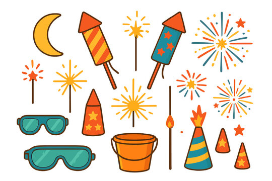 Set of colorful fireworks rockets sparklers safety goggles and celebration items