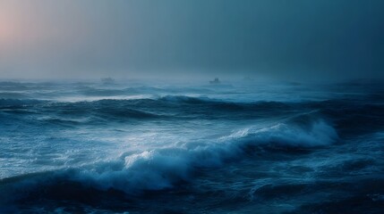 Fototapeta premium Vast rough blue sea with crashing waves and distant boats veiled in atmospheric evening mist