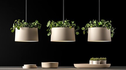 Three elegant pendant lights hang from the ceiling, surrounded by lush greenery, creating a serene atmosphere that enhances the modern indoor decor