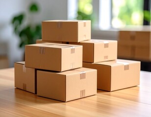 Isolated stack of brown shipping cartons on white, perfect for emphasizing packaging and clean product presentation. Stacking Present birthday box and brown box in white background and for industry