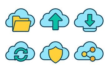 Essential cloud technology icons collection featuring data transfer, security, synchronization, and sharing symbols
