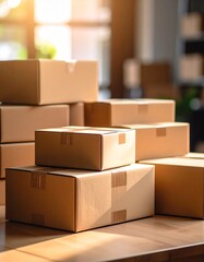 Isolated stack of brown shipping cartons on white, perfect for emphasizing packaging and clean product presentation. Stacking Present birthday box and brown box in white background and for industry