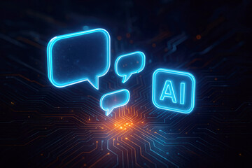 Glowing blue AI chat bubbles and AI icon on a digital circuit board background artificial intelligence
