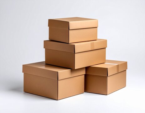 Isolated stack of brown shipping cartons on white, perfect for emphasizing packaging and clean product presentation. Stacking Present birthday box and brown box in white background and for industry