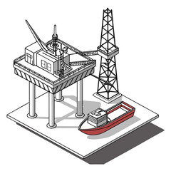 Isometric illustration of an offshore oil rig with a drilling derrick and a supply boat