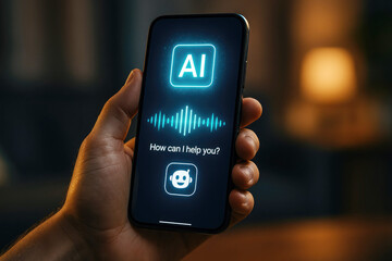 Hand holding smartphone displaying AI voice assistant interface with waveform and chatbot icon mobile phone