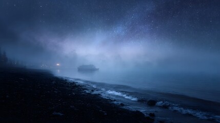 Naklejka premium A misty star filled night over a tranquil ocean with a distant boat and rocky shore