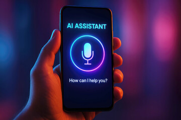 Hand holding smartphone with AI assistant interface and glowing microphone icon artificial intelligence