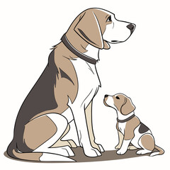 A large adult beagle dog and a small puppy beagle dog sitting together looking up attentively