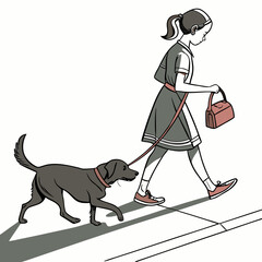 Young girl in a dress and sneakers walks her dark colored dog on a leash carrying a purse