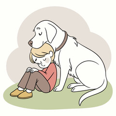 A comforting white dog rests its head on a sleeping child s head in a gentle embrace