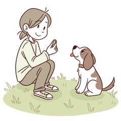 Young woman crouching down in grass offering a treat to a happy dog sitting attentively