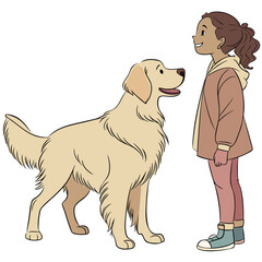 A happy young girl with brown curly hair stands next to a friendly golden retriever dog