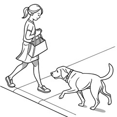 Young girl with a ponytail walking her dog on a sidewalk carrying a tote bag