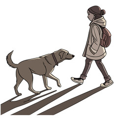 Young girl with backpack walking her dog outdoors casting long shadows on a white background