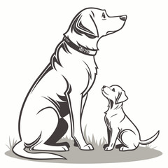 Loyal adult dog and curious puppy sitting together on grass looking up attentively