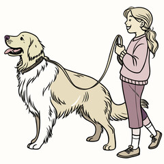 Happy young girl with blonde ponytail walking her friendly golden retriever dog on a leash outdoors