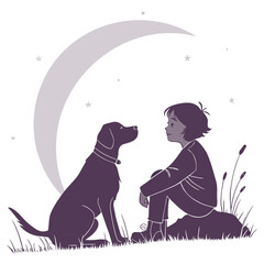 A child and their loyal dog sit under a crescent moon and starry night sky