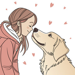 A young girl with closed eyes shares a sweet moment with her golden retriever dog surrounded by hearts