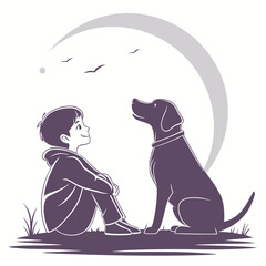 A young boy and his loyal dog sit together outdoors under a large crescent moon and birds fly above
