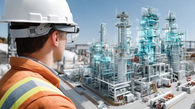 Engineer's Vision: An engineer, helmeted, gazes at an industrial plant with advanced technology overlaid, embodying innovation and the future of industry. 
