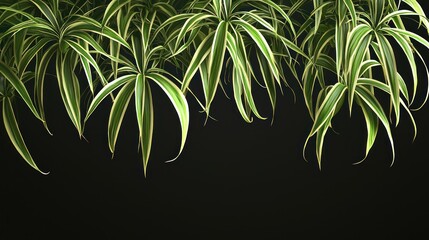 A green and yellow spider plant hanging from a black background.