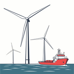Offshore wind turbines and a red support vessel sailing on the ocean water surface