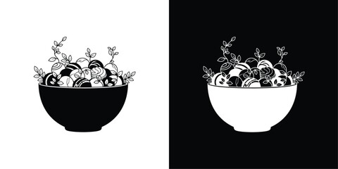 Decorative Offering Bowl Vector with Leaves and Sweets, Black and White Symbol of Prosperity, Tradition, and Spiritual Blessings