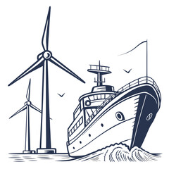 Modern cargo ship sailing past offshore wind turbines on a wavy sea with birds flying