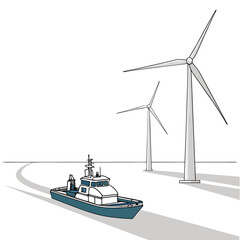 A boat sails on the water near large wind turbines generating clean energy