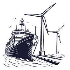 Large cargo ship sailing near offshore wind turbines and seagulls in a stylized graphic illustration
