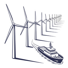 A line of wind turbines stands tall on the coast as a cargo ship sails on the ocean below