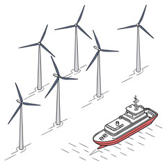 Offshore wind farm with multiple turbines and a service boat sailing on the water