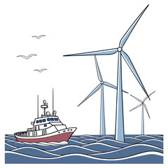 A small boat sails on wavy blue water near offshore wind turbines and flying seagulls under a white sky