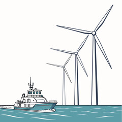 A boat sails on the ocean near a row of tall wind turbines generating clean energy