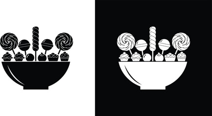 Candy Bowl Vector Illustration, Black and White Dessert Design with Lollipops and Cupcakes for Sweet Shop or Celebration Theme