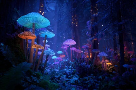 Enchanted forest scene with luminous mushrooms under a captivating night sky