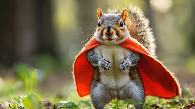A squirrel with a red cape standing in a forest.