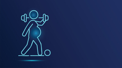 Pregnancy Fitness Icon Concept, Neon Illustration of a Pregnant Woman Working Out with Dumbbells for Healthy Lifestyle, Exercise, and Maternity Wellness 