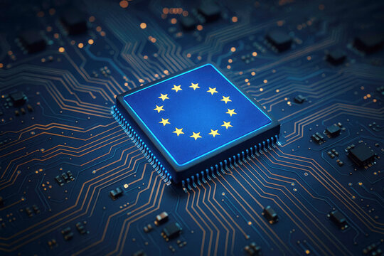 Microchip with European Union Flag Symbol on a Circuit Board processor - Powered by Adobe