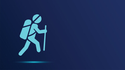 Modern Hiker Icon Graphic: Minimalist Illustration of an Adventurer with Backpack and Hiking Stick on Blue, Exploring Outdoors, Perfect for Travel and Activity Concepts