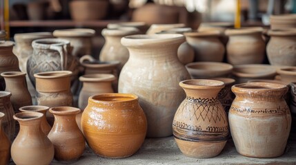 A collection of handmade clay pots with intricate designs on a table.