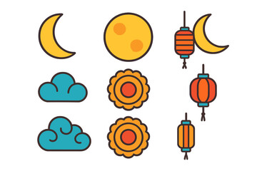 Mid-Autumn Festival symbols set with full moon, crescent, decorative lanterns, mooncakes, and clouds