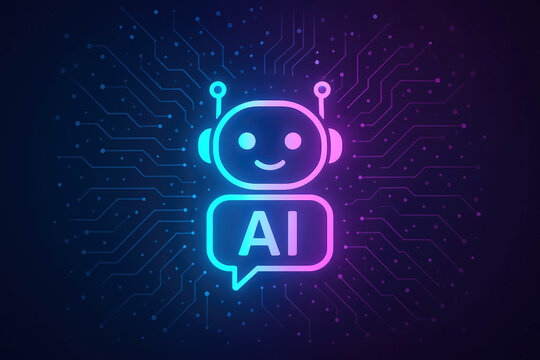 Neon AI Chatbot Icon with Circuit Board Pattern Background artificial intelligence symbol