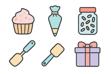 Collection of outline icons featuring sweet desserts, baking tools, and holiday gift boxes